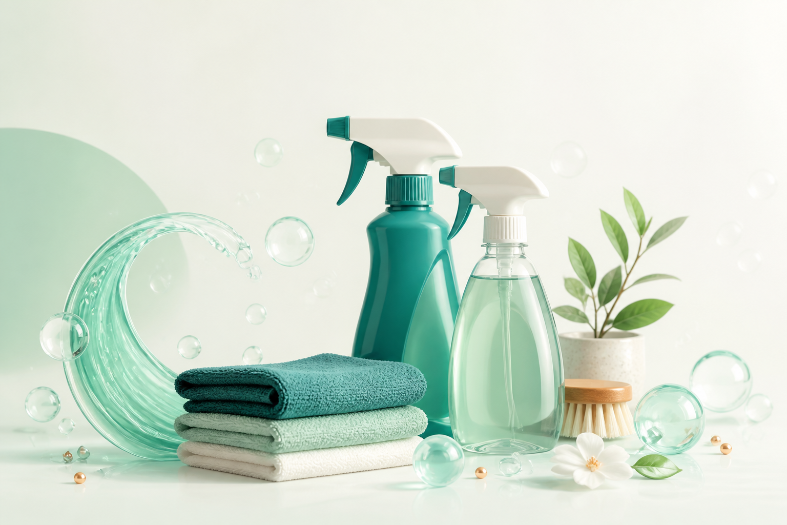 Cute cleaning supplies with spray bottles, folded cloths, bubbles, and a small swoosh of liquid