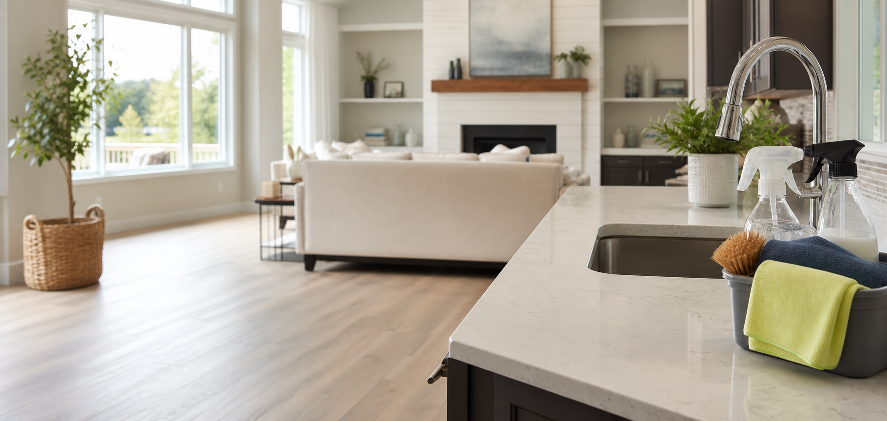 Freshly cleaned bright home interior with professional cleaning supplies on the kitchen counter